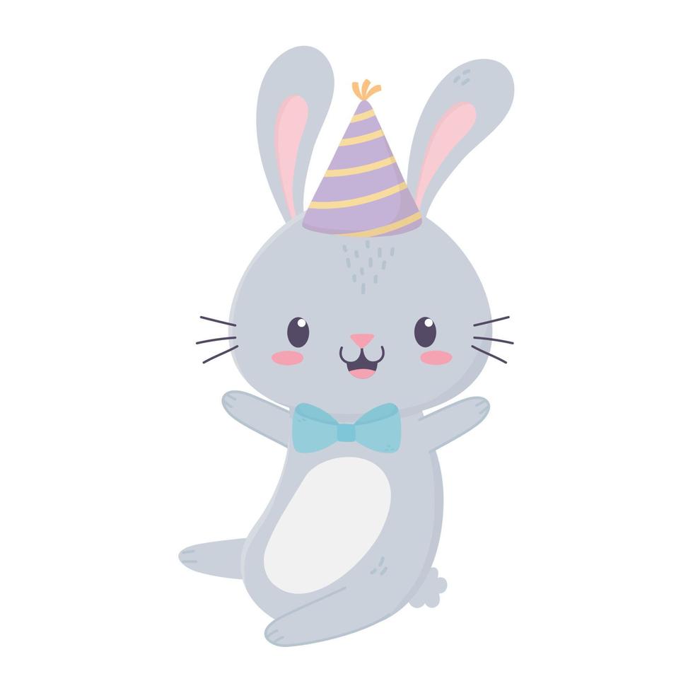 feliz aniversário coelho fofo chapéu de festa gravata borboleta animal cartoon vetor