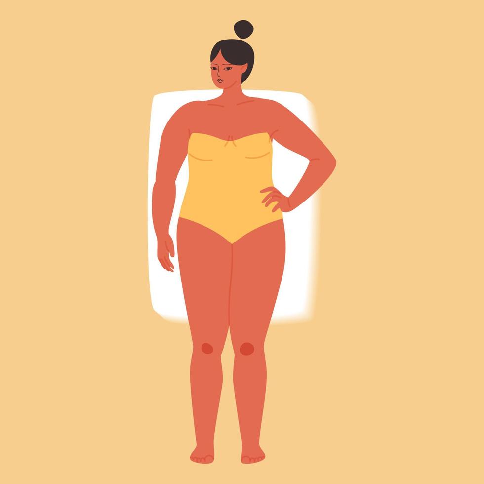 uma figura feminina do tipo retângulo. gordinha dos desenhos animados em um maiô sem alças amarelo. ilustração em vetor estoque de uma mulher com ombros largos isolados.