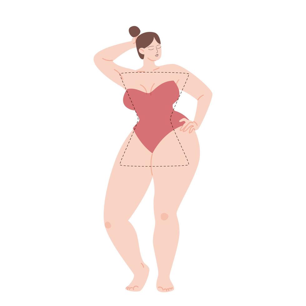 ampulheta tipo corpo feminino. menina gordinha de pele clara dos desenhos animados em um maiô sem alças. ilustração em vetor estoque de uma mulher com ombros largos, isolado no fundo branco.