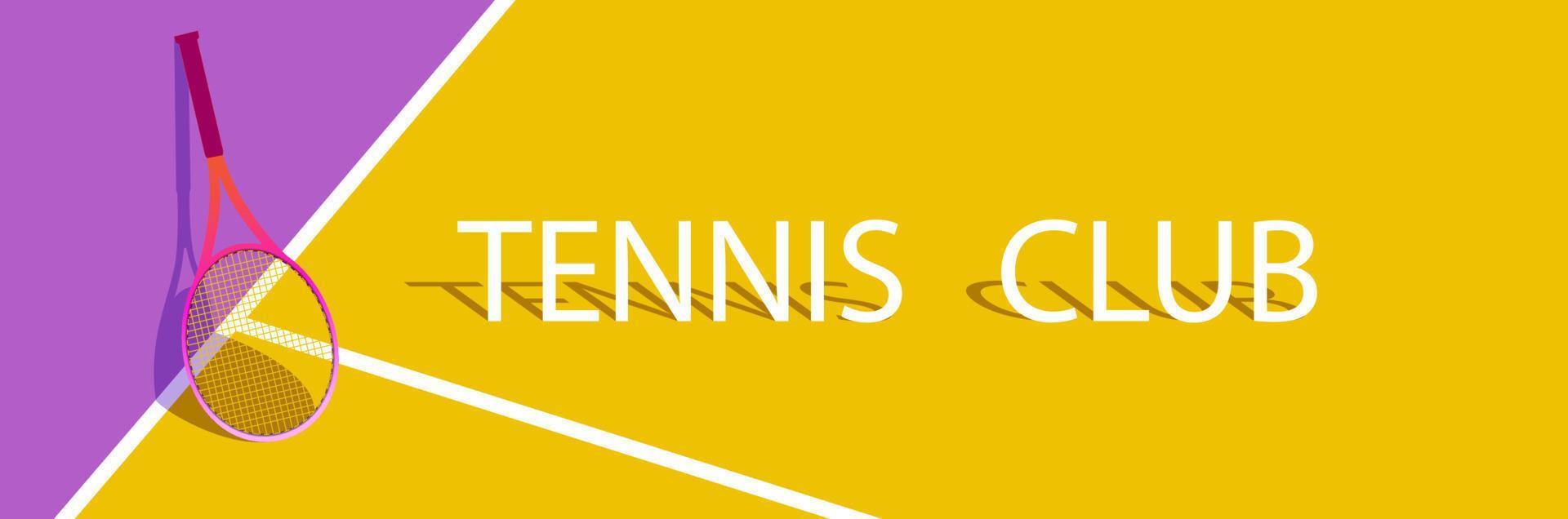 bandeira do clube de tênis. quadra de tênis esportiva com uma raquete em um fundo amarelo-púrpura com texto. ilustração em vetor conceito horizontal para clube de tênis.