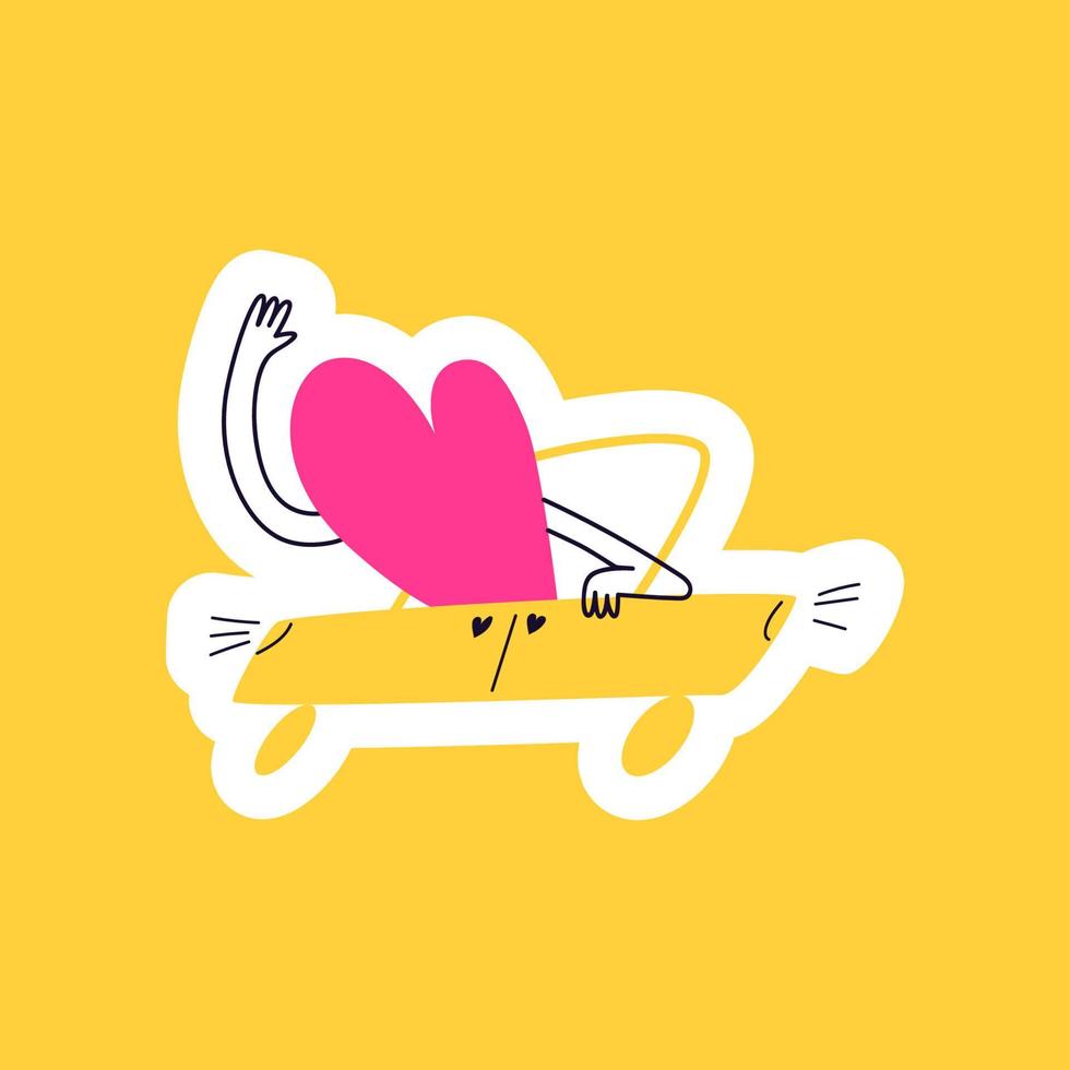 coração de doodle adesivo desenhado está correndo de carro. um coração amoroso anda de carro em um fundo amarelo. ilustração em vetor etiqueta dos desenhos animados do dia dos namorados.