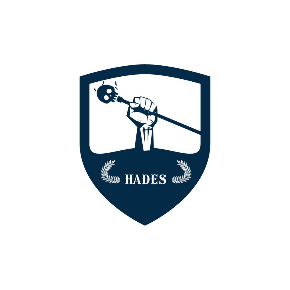 mão do logotipo segurando a varinha de caveira do deus grego hades vetor