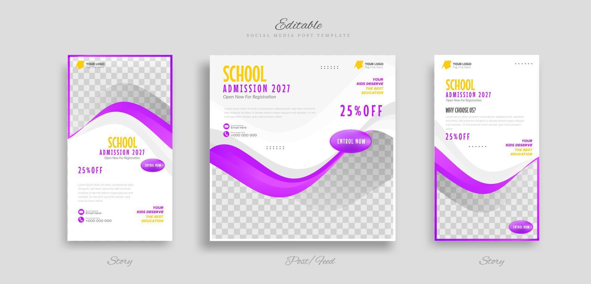 conjunto de post de mídia social de admissão de educação escolar e modelo de banner da web de história. com ilustração vetorial de fundo roxo, preto e branco vetor