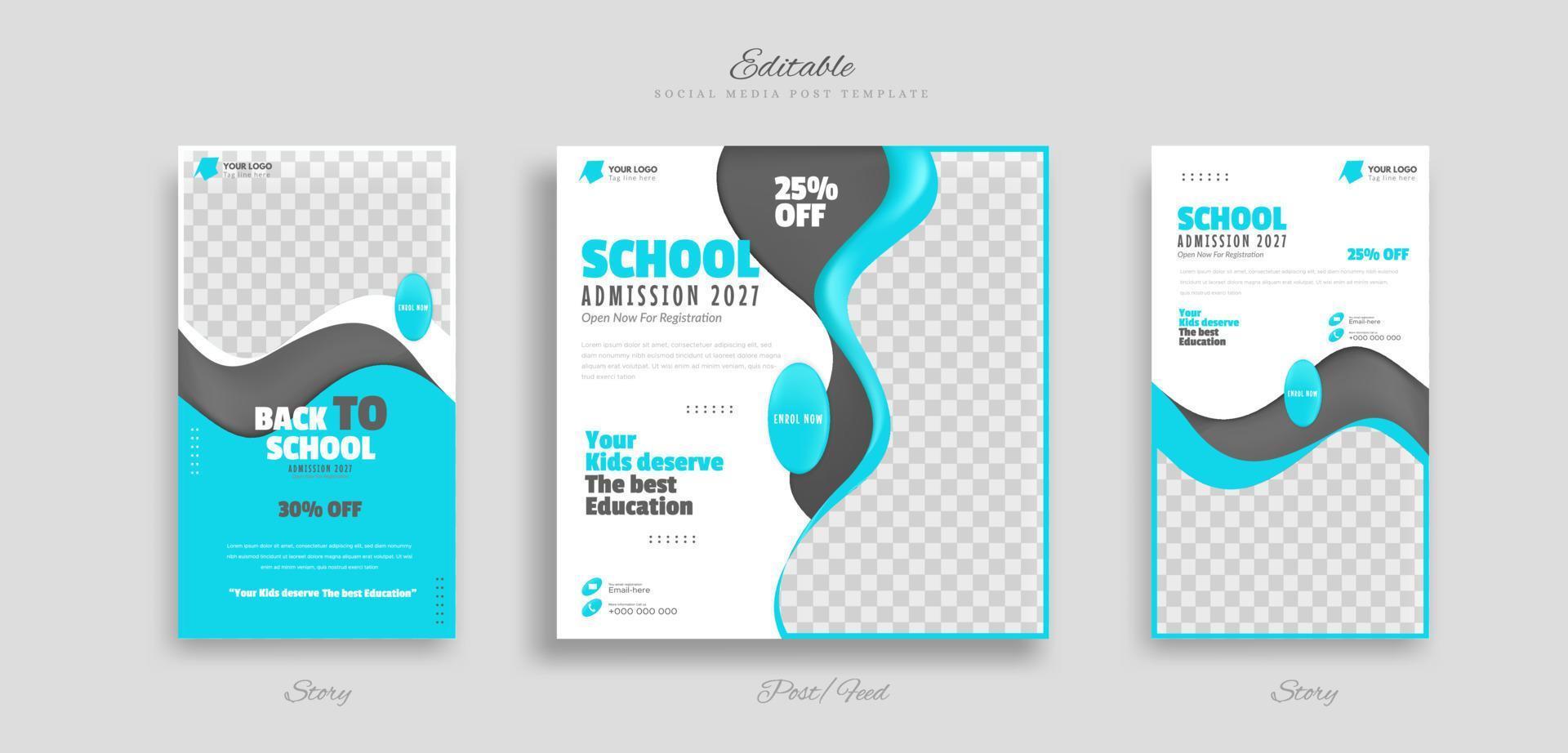 conjunto de post de mídia social de admissão de educação escolar e modelo de banner da web de história. com ilustração vetorial de fundo azul, preto e branco vetor