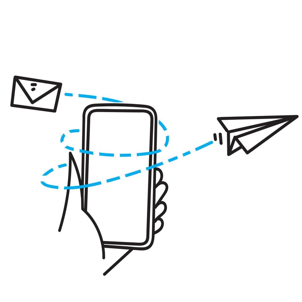 telefone inteligente doodle desenhado à mão com avião de papel voador e ilustração de envelope vetor