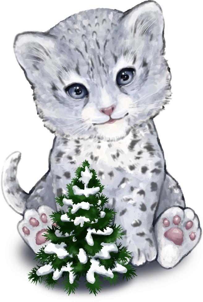 árvore de natal de leopardo de neve bonito dos desenhos animados com ilustração em aquarela desenhada à mão de neve do ano novo pode ser usada para peças infantis ou cartazes infantis em um fundo isolado transparente vetor