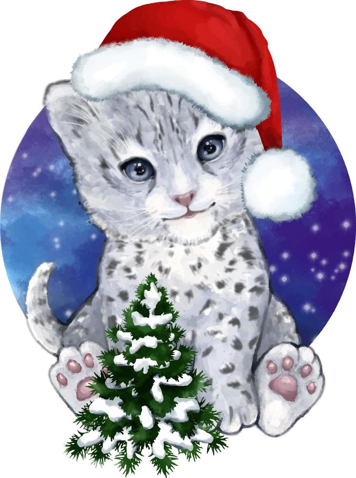 leopardo de neve de natal bonito dos desenhos animados, pintado à mão com ilustração em aquarela pode ser usado para peças infantis ou cartazes infantis em um fundo isolado transparente vetor