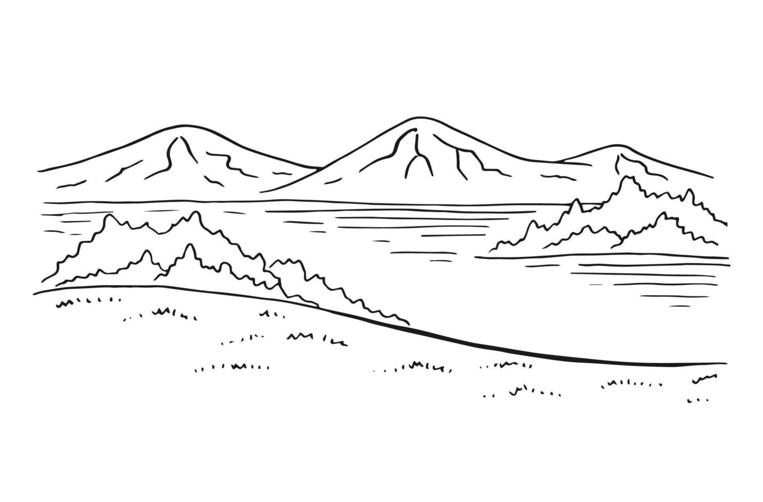 paisagem com lago e montanhas. mão desenhada ilustração convertida em vetor. vetor