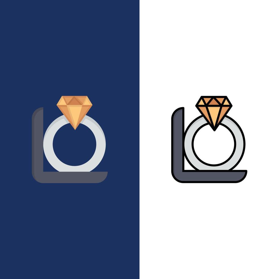 ícones de caixa de presente de diamante de anel plano e conjunto de ícones cheios de linha vector fundo azul