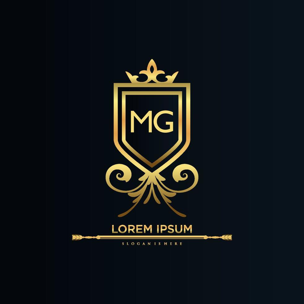 mg letra inicial com royal template.elegant com vetor de logotipo de coroa, ilustração em vetor de logotipo de letras criativas.