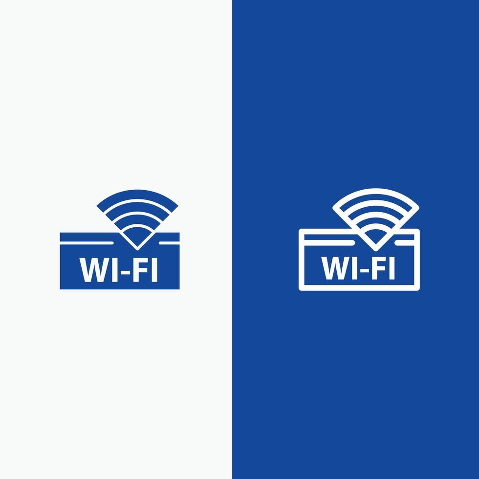 linha de dispositivo de serviço wifi de hotel e ícone sólido de glifo banner azul vetor