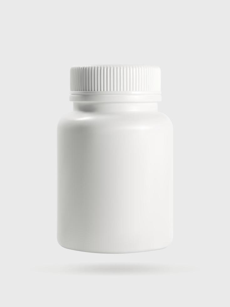 frasco de plástico branco com tampa, frasco médico para comprimidos, cápsulas e vitaminas, ilustração 3d de maquete de embalagem vetor