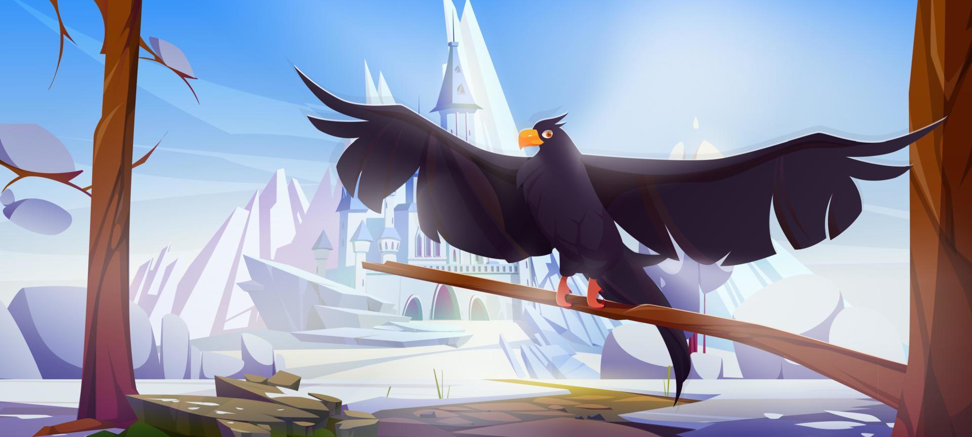 corvo preto no fundo do castelo no inverno vetor