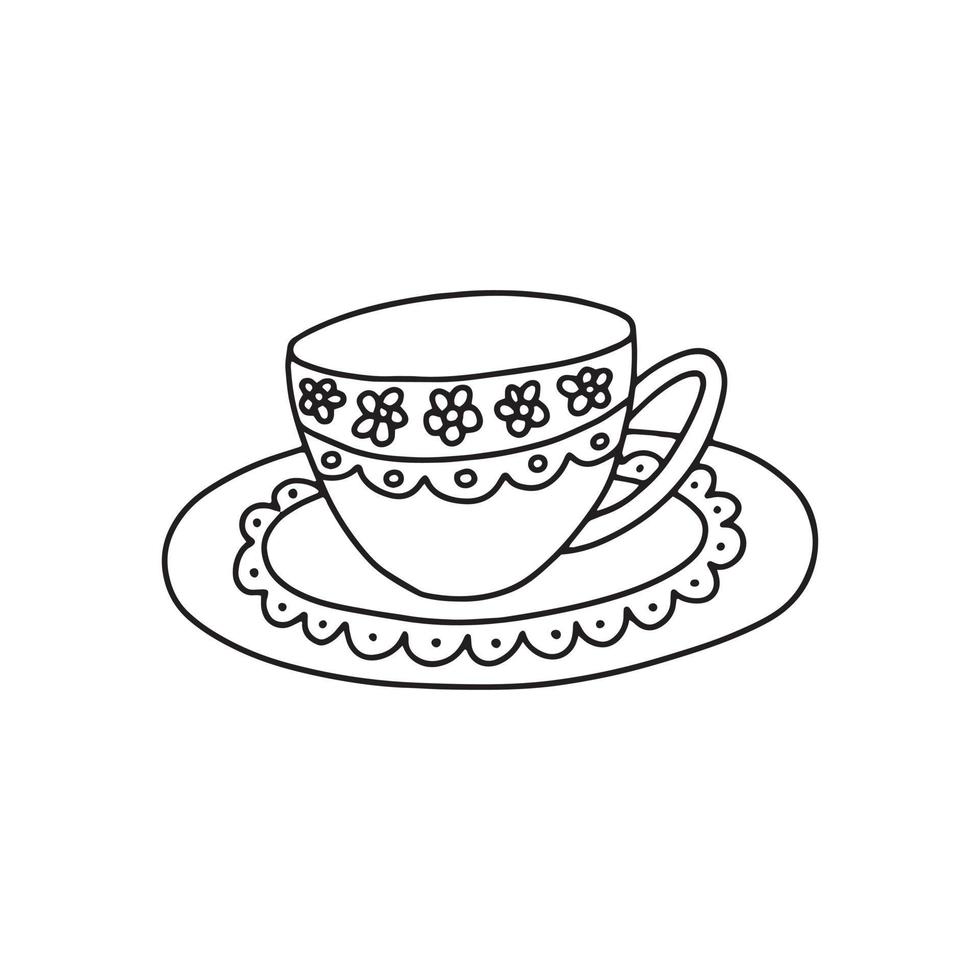 xícara desenhada de mão vetorial com prato para coleção de chá vetor