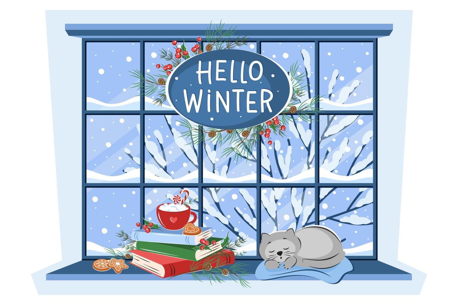 janela de inverno com paisagem, gato dormindo, livros e bebida com biscoitos no peitoril. letras Olá inverno. ilustração vetorial aconchegante vetor