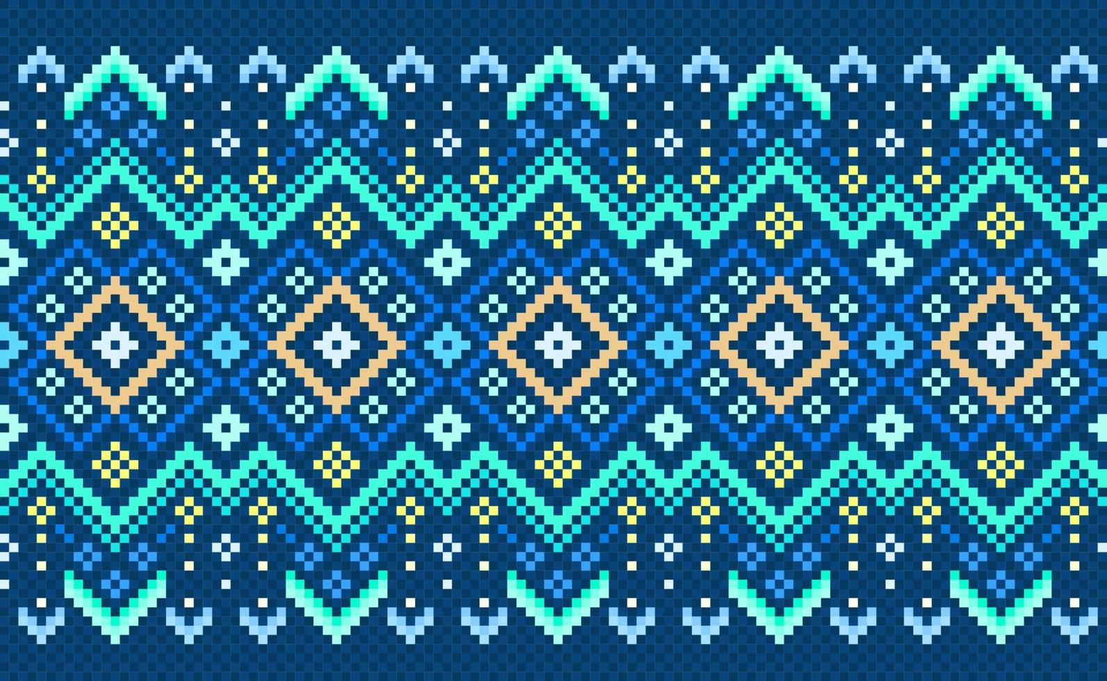 bordado padrão étnico, estilo de geometria decorativa de ponto cruz vetorial, fundo padrão azul e verde vetor