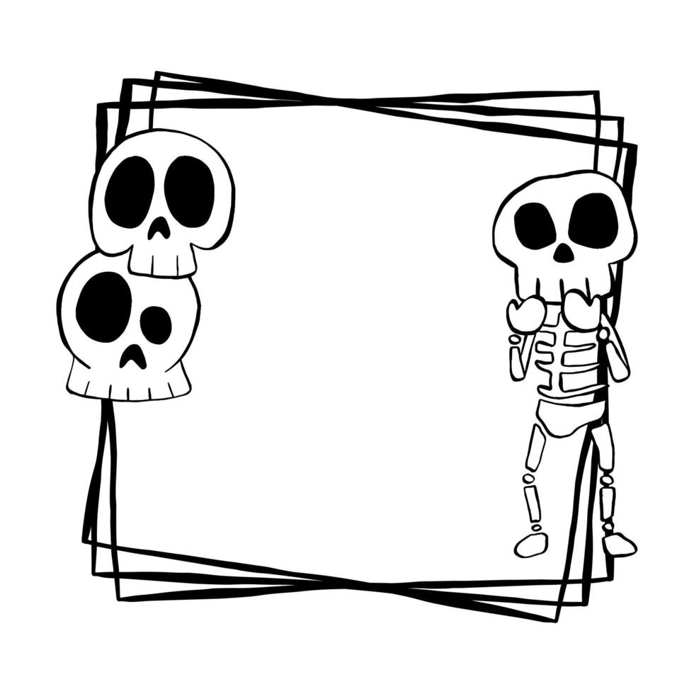 esqueleto simples de linha preta e crânio no quadro quadrado triplo. ilustração vetorial sobre halloween para decorar logotipo, cartões e qualquer design. vetor