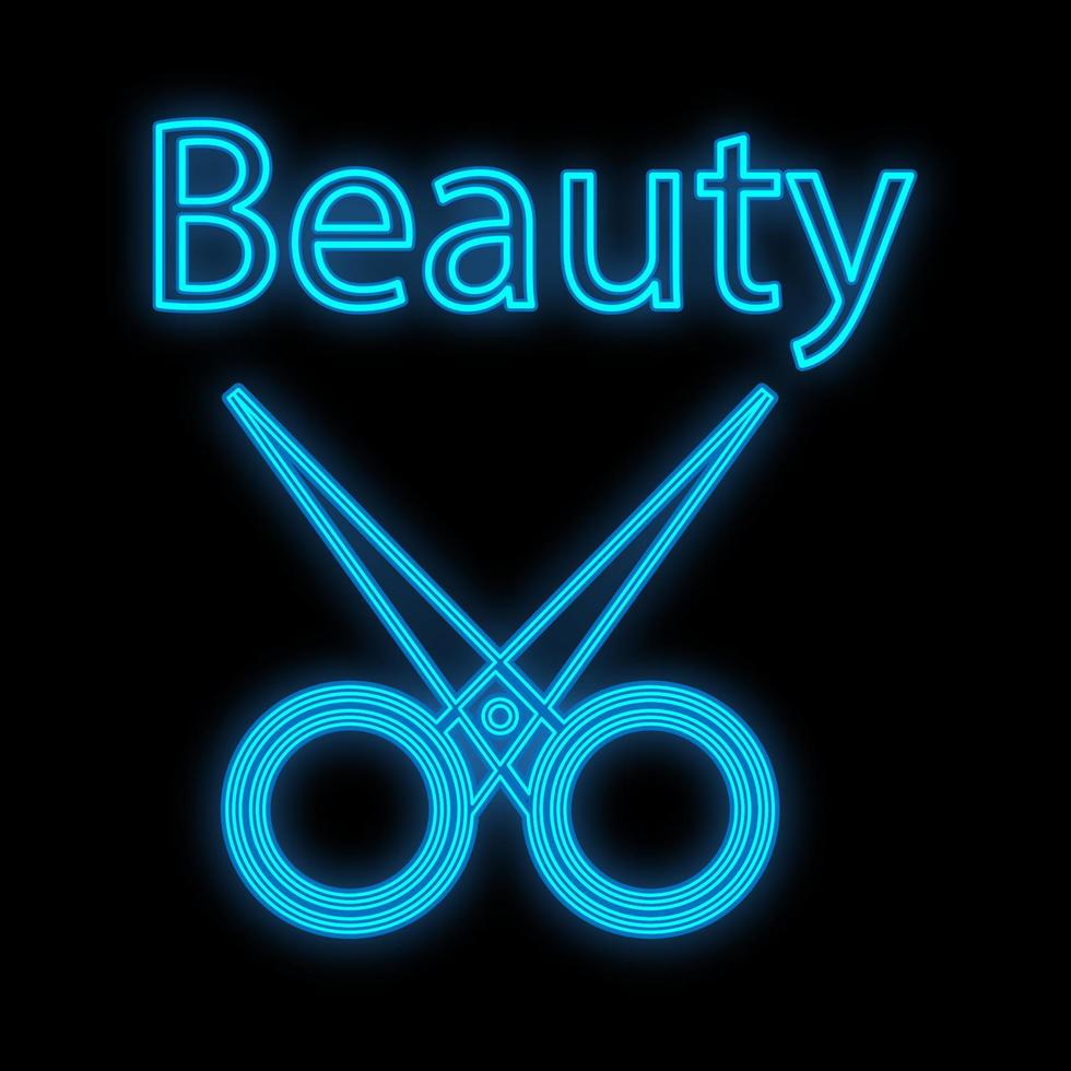 tesoura para manicure e pedicure, cabeleireiro neon e azul em um fundo preto. tesoura afiada, uma ferramenta para mestres de beleza para criar beleza, projetar penteados, unhas. ilustração vetorial vetor