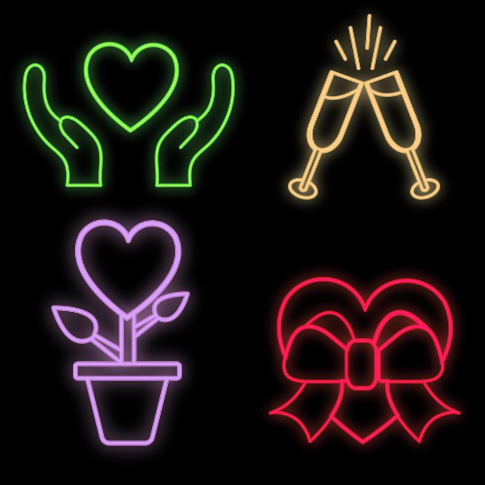 conjunto de sinais de néon festivos multicoloridos luminosos brilhantes para a loja e cartões lindos brilhantes com amor corações partidos mãos óculos e flores em um fundo preto. ilustração vetorial vetor