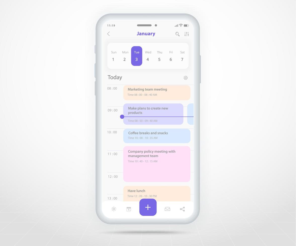 conceito de planejador de calendário de aplicativo móvel, modelo de calendário de compromissos ui ux, aplicativo de reunião de planejamento anual de agenda de calendário de smartphone, eventos de calendário, atividade, aplicativo de eventos, telefone vetorial vetor