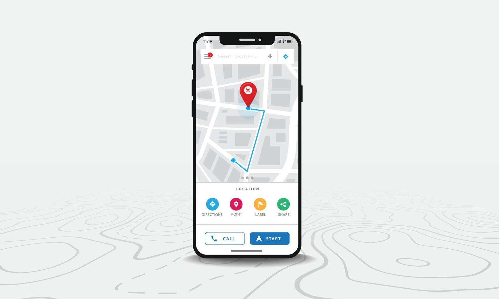 mapa de navegação gps, aplicativo de mapa de smartphone e ponto vermelho na tela, navegação de mapa de pesquisa de aplicativo, isolado no fundo de mapas de linha, vetor