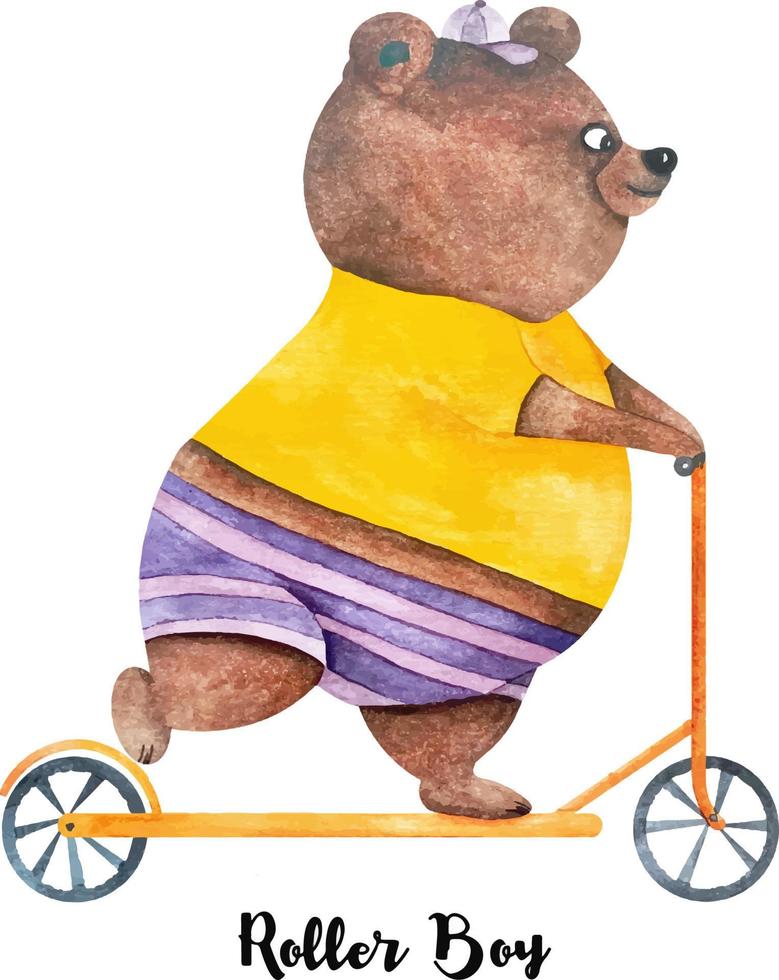 pôster em aquarela com ursinho marrom fofo andando de scooter laranja. urso de desenho animado na scooter. cartaz de menino de rolo vetor