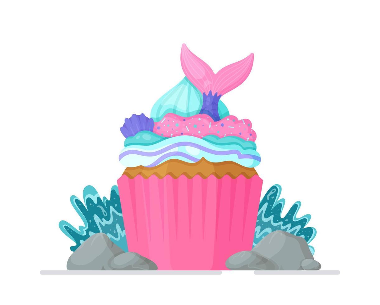 cupcake brilhante com uma cauda de sereia. ilustração em vetor de cozimento de férias caseiro. Isolado em um fundo branco.