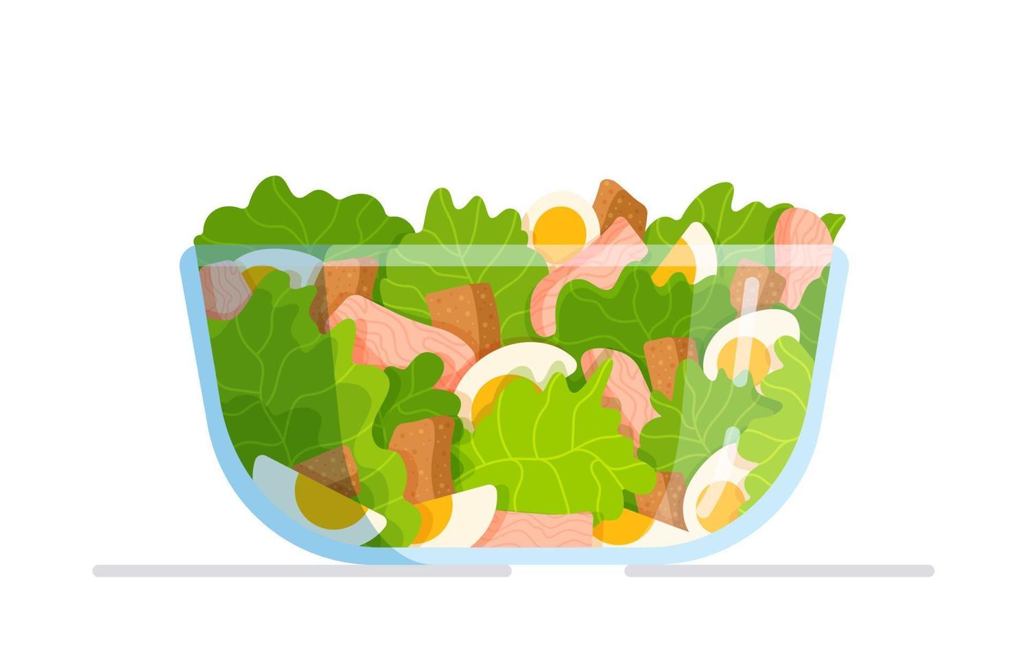 salada caesar em uma tigela transparente. ilustração em vetor de um prato tradicional americano. salada deliciosa e apetitosa.