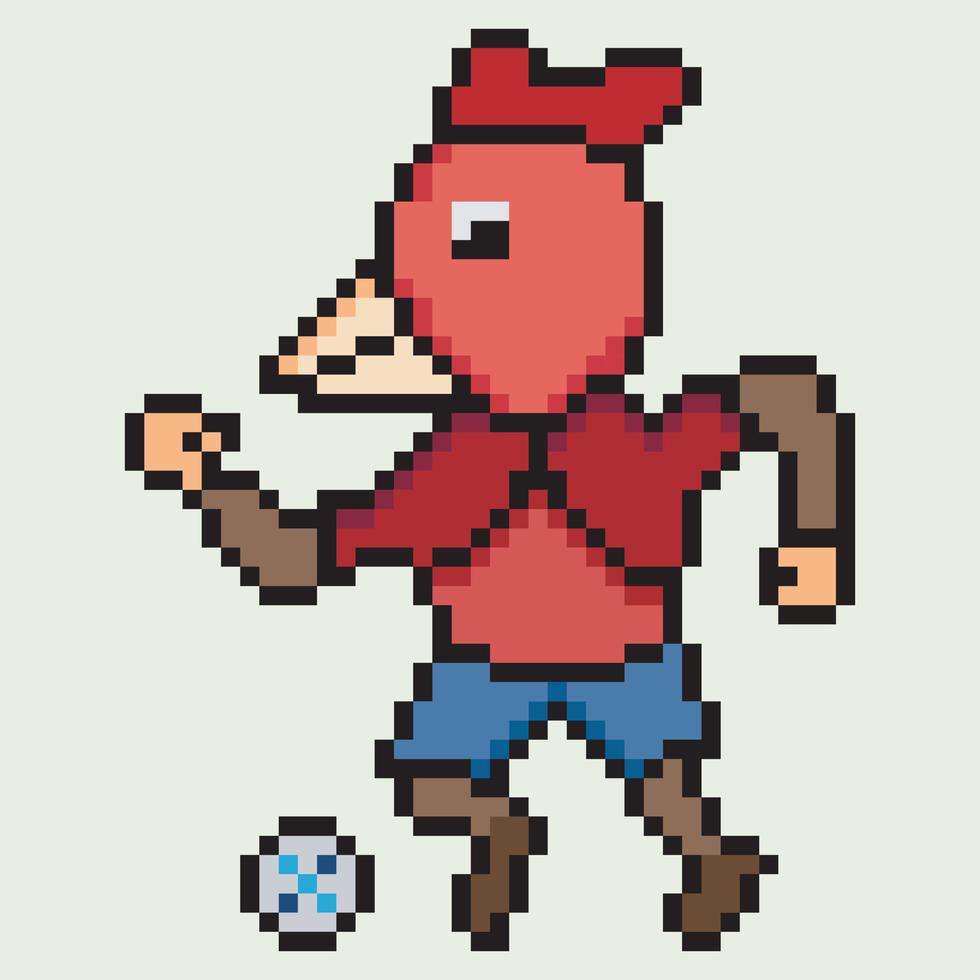 arte de pixel. personagem de frango jogador de futebol chuta a bola. vetor