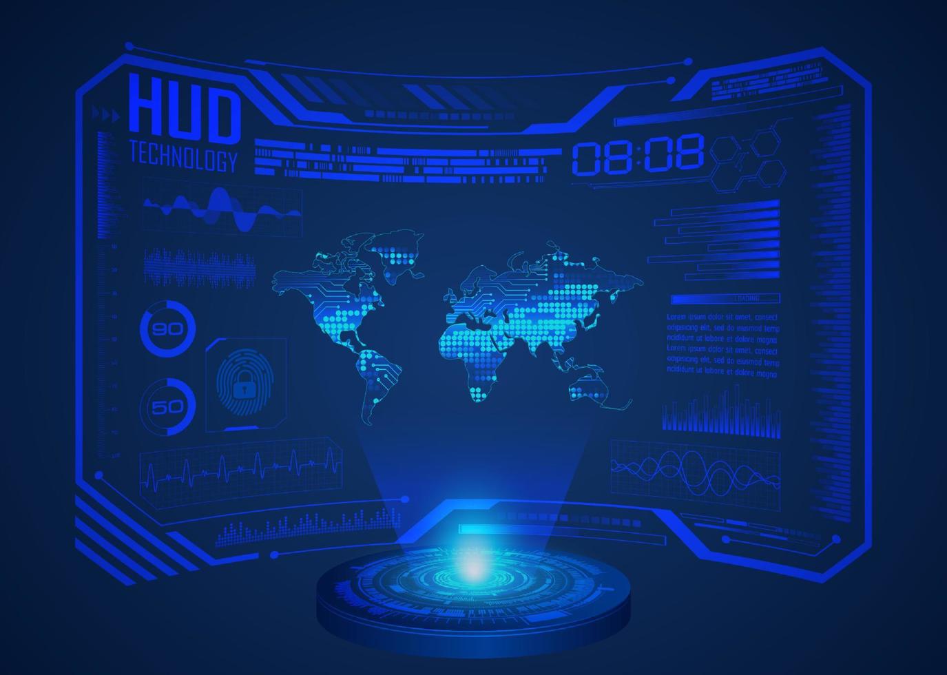 projetor holográfico de mapa do mundo moderno em fundo de tecnologia vetor