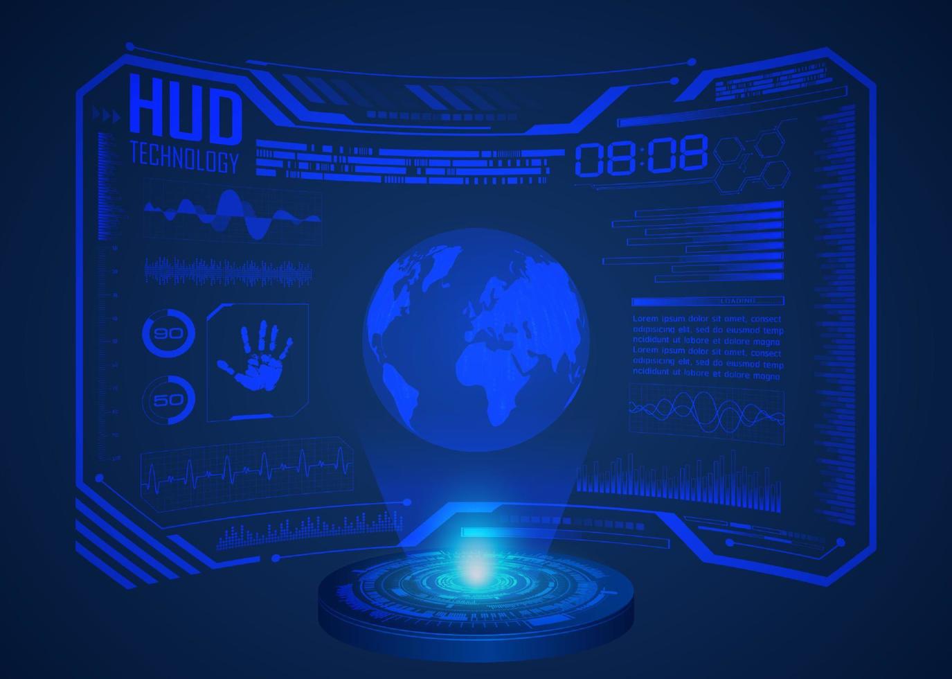 projetor holográfico de mapa do mundo moderno em fundo de tecnologia vetor