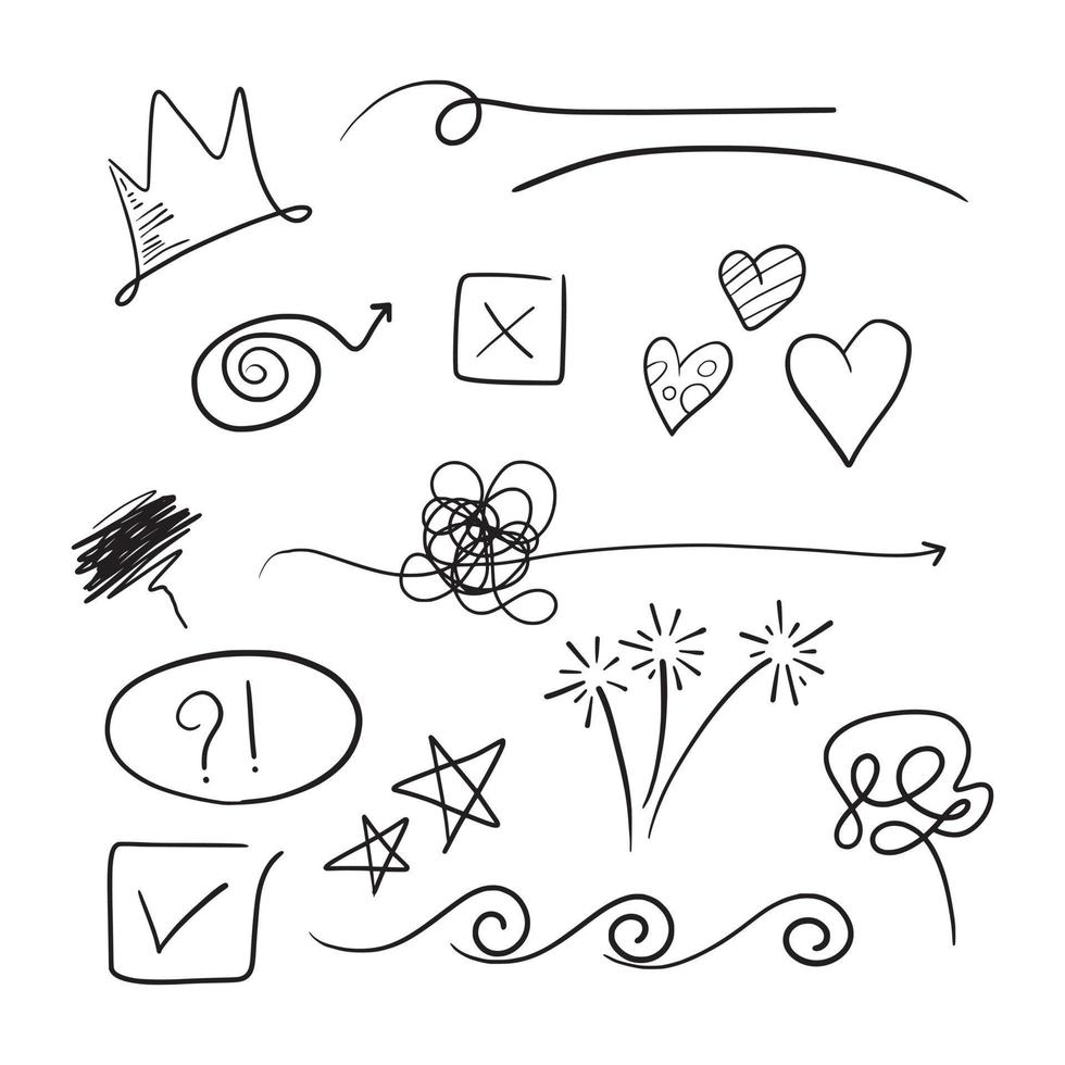 conjunto de vetores de elemento doodle, para design de conceito. sublinhado, marca de seleção, amor, estrelas, starburst, emaranhado, coroa, etc.