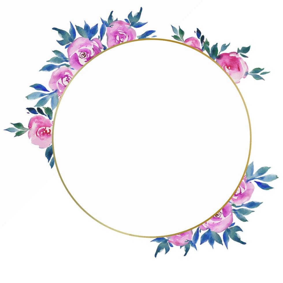 moldura redonda dourada com rosas cor de rosa, design floral, monograma de casamento, ilustrações em aquarela cartões vetor