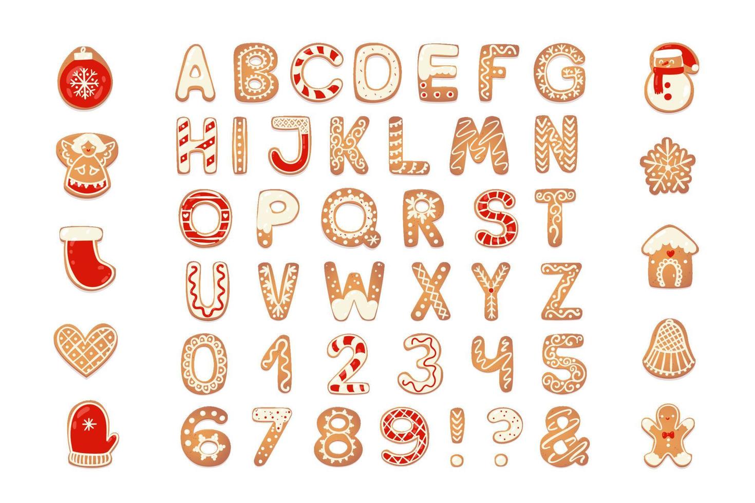 alfabeto de biscoitos de gengibre de natal com figuras. letras de biscoito, personagens para mensagens de natal e design. ilustração vetorial com decorações. vetor