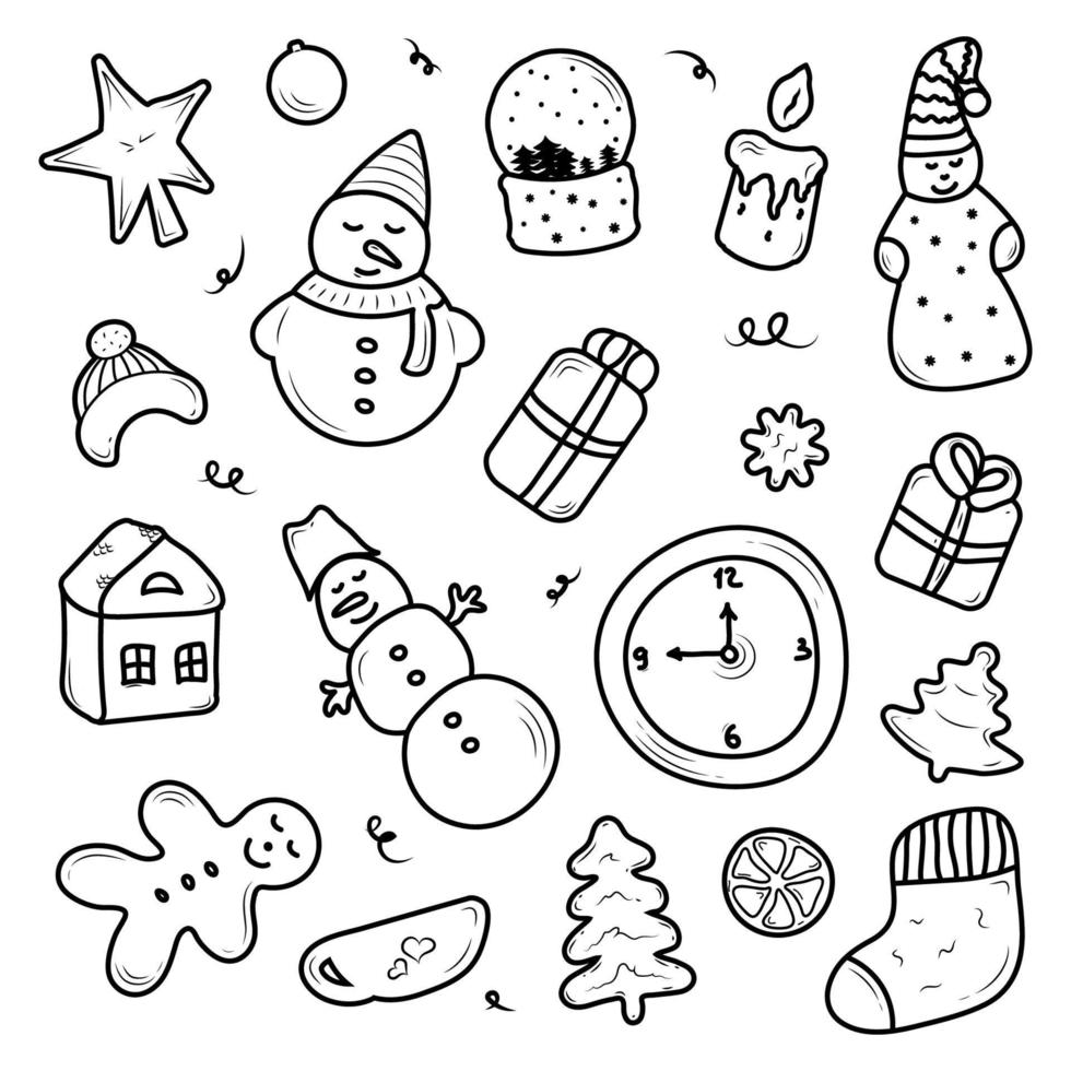 conjunto de elementos fofos de natal e ano novo em estilo doodle isolado no fundo branco vetor