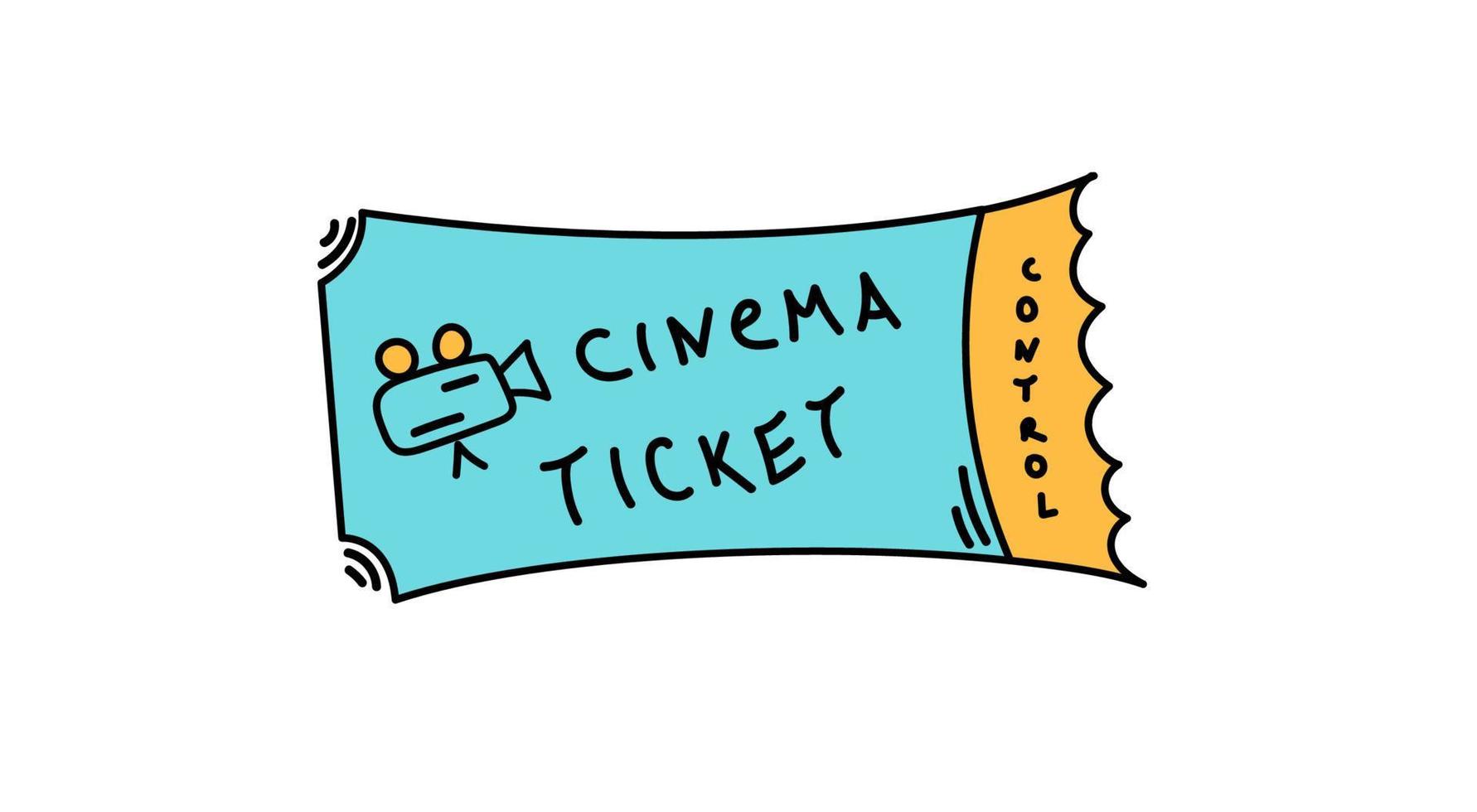 bilhete de cinema bonito doodle de cor em estilo cartoon. admitir um bilhete para entretenimento. ilustração vetorial desenhada à mão vetor