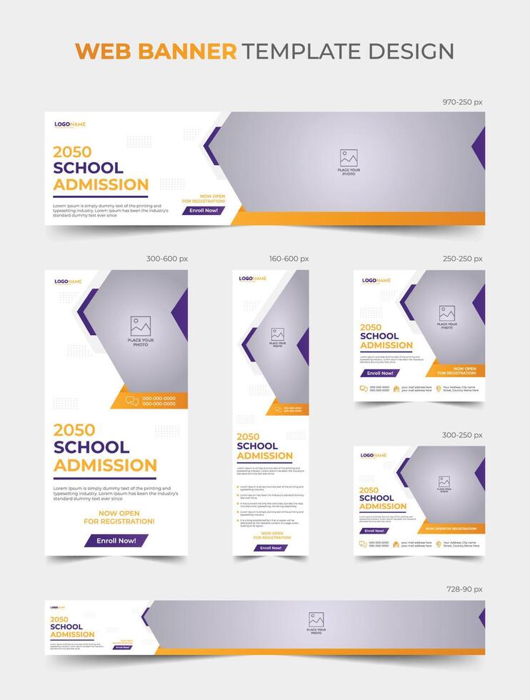 design de modelo de banner da web de admissão escolar para crianças para pacote de modelo de postagem de mídia social vetor
