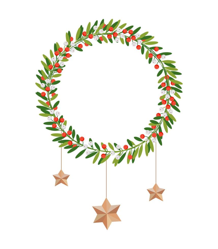 guirlanda de decoração de Natal de ilustração vetorial com bagas de inverno e estrela dourada sobre fundo branco. para projetar uma saudação digital na tela por e-mail ou cartão de papel para entrega pessoal vetor