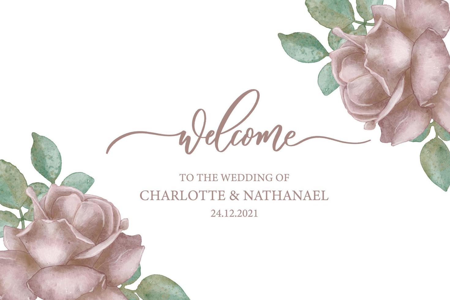 modelo floral para convite de casamento. quadro de rosas em aquarela cor de rosa e folhas verdes. caligrafia bem-vindo. vetor