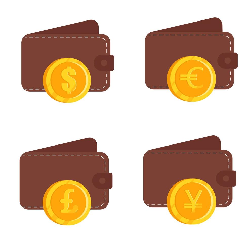 carteira de couro com moedas dólar, euro, libra, iene. isolado no fundo branco. ilustração vetorial. vetor