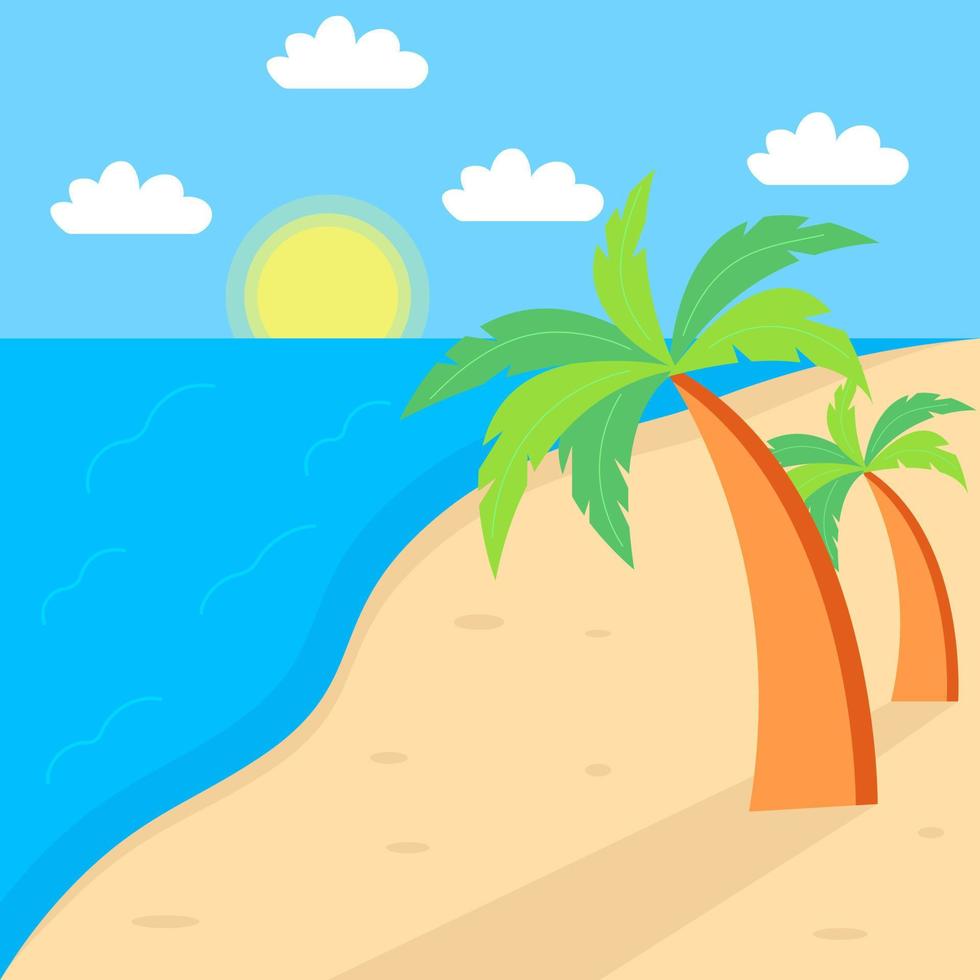 paisagem de verão. praia, sol, mar com palmeiras. ilustração vetorial. vetor