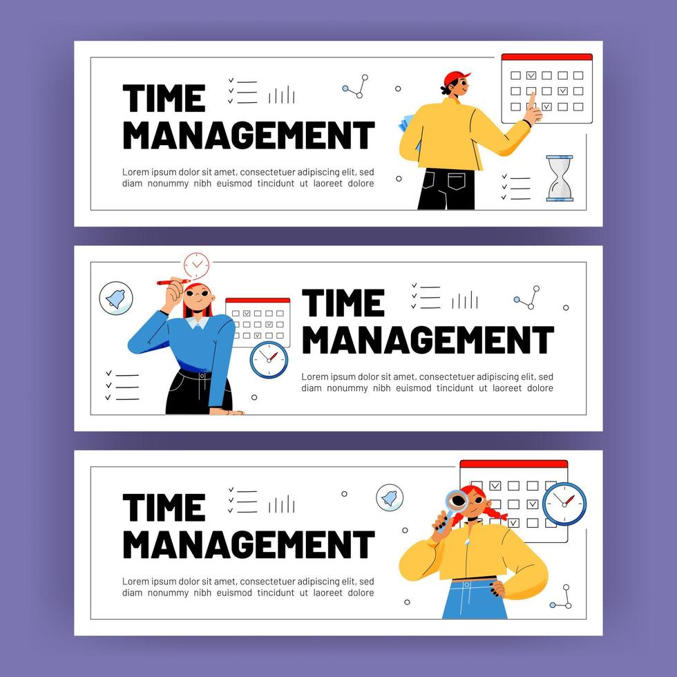 cartazes de gerenciamento de tempo com trabalhadores e calendário vetor