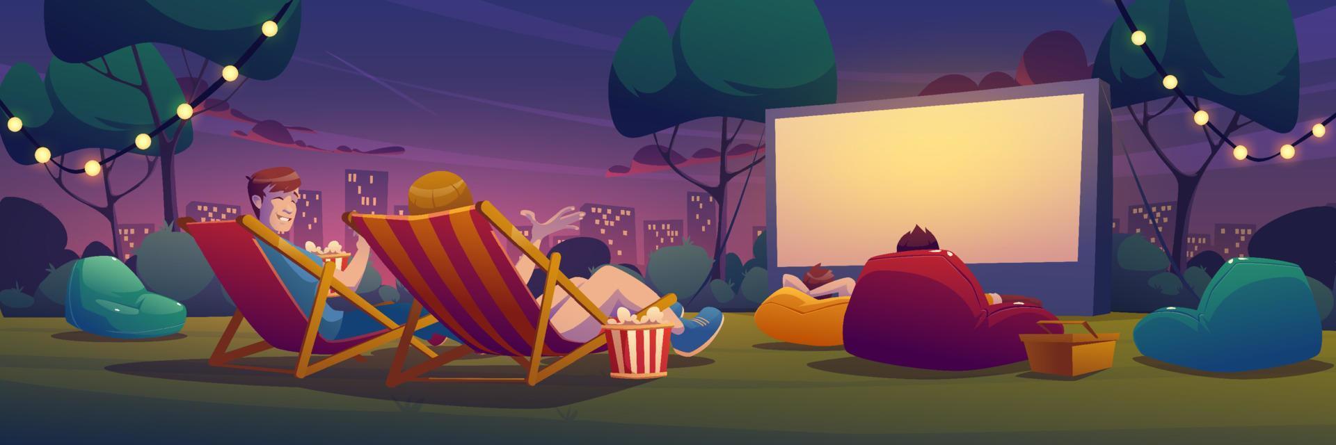 cinema ao ar livre noturno no gramado no parque da cidade vetor