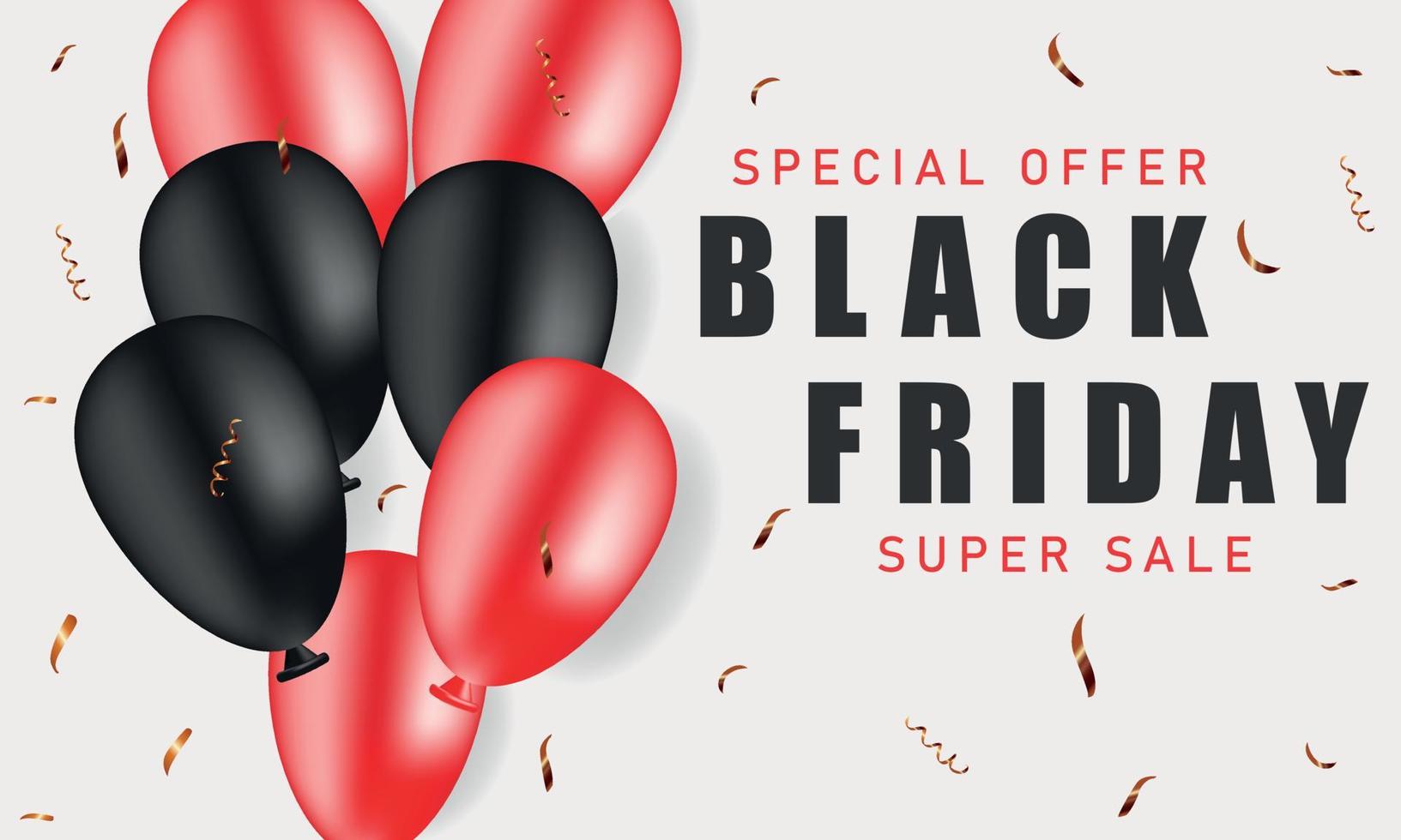 fundo de venda de dia de sexta-feira preto branco com balões pretos, vermelhos, serpentina. vetor