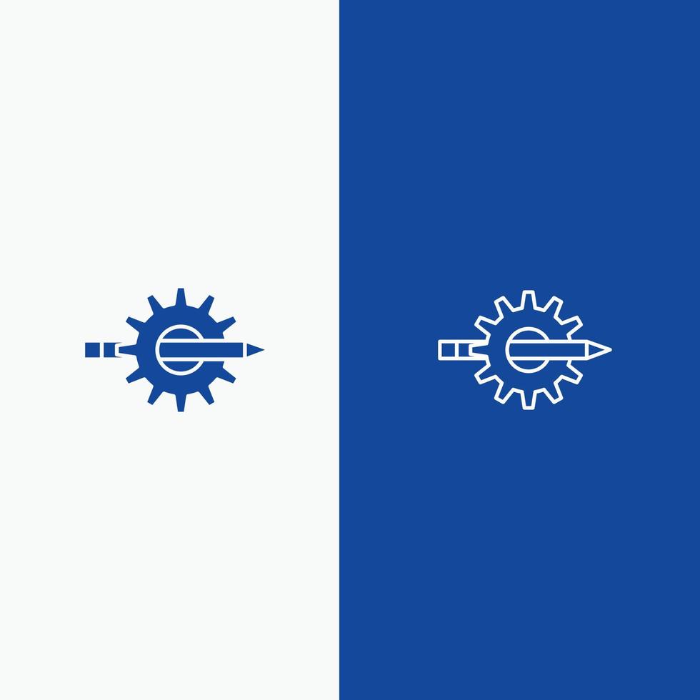 linha de produção de engrenagem de desenvolvimento de design de escrita de conteúdo e glifo ícone sólido linha de banner azul e gl vetor