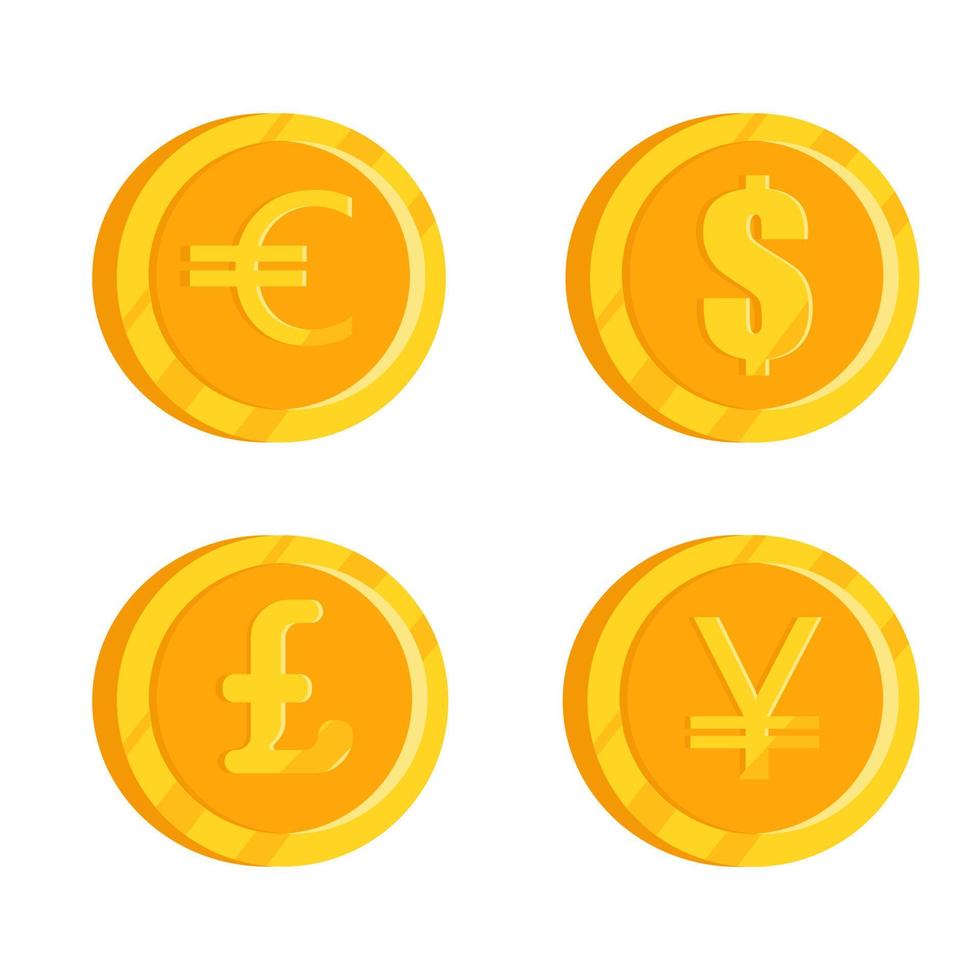conjunto de moedas de ouro do mundo. euro, dólar, libra, iene. ilustração vetorial. vetor