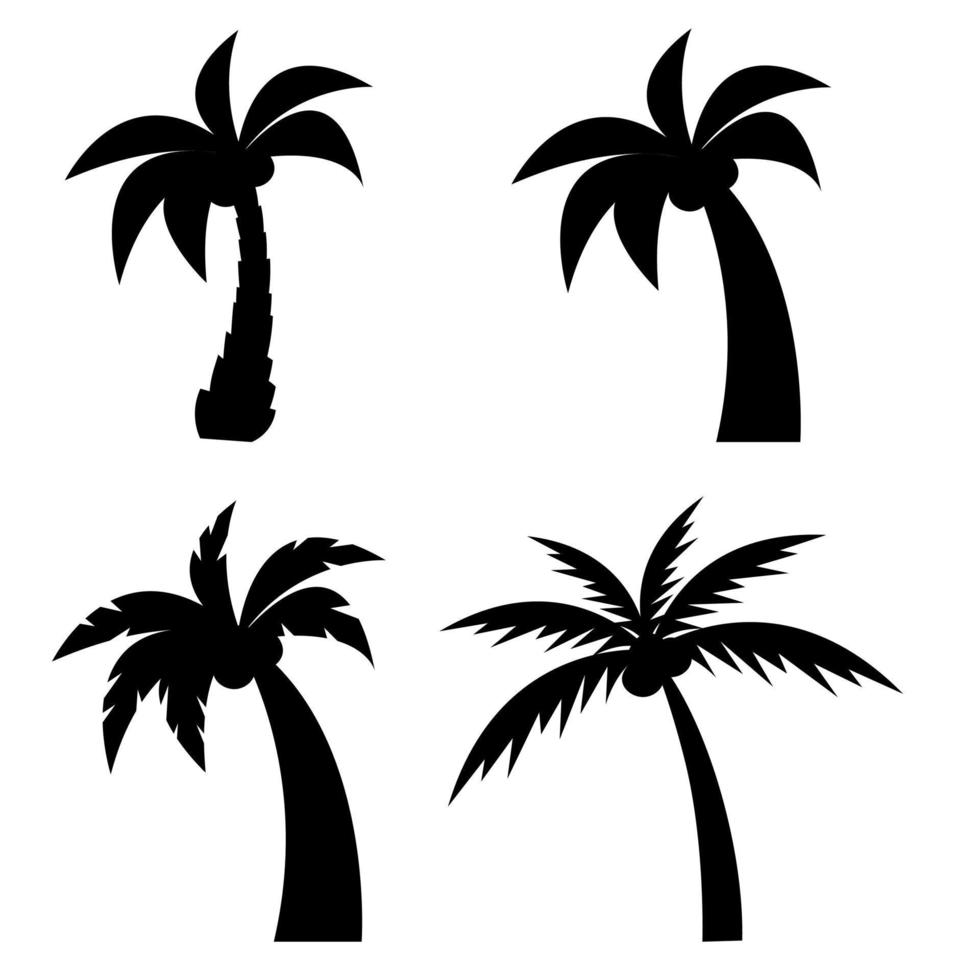 conjunto de diferentes silhuetas de palmeiras com cocos. isolado no fundo branco. vetor