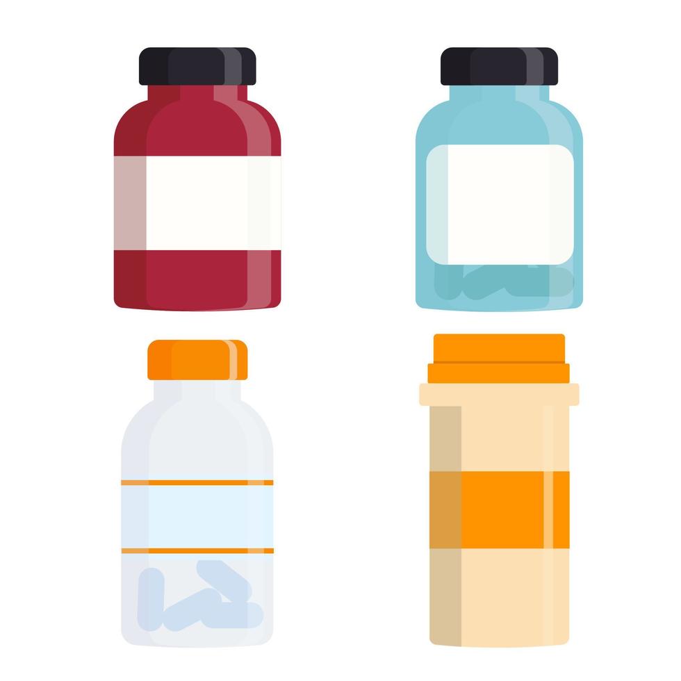 conjunto de garrafas médicas de diferentes formas com rótulos e pílulas. ilustração plana vetor