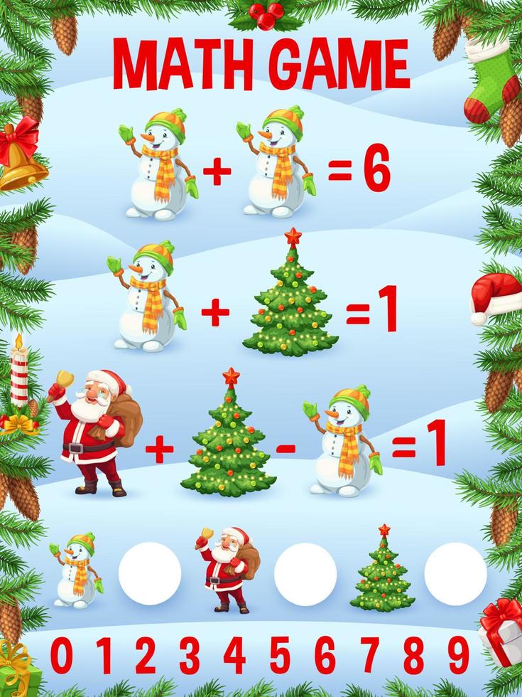 personagens de desenhos animados de natal, planilha de jogos de matemática vetor