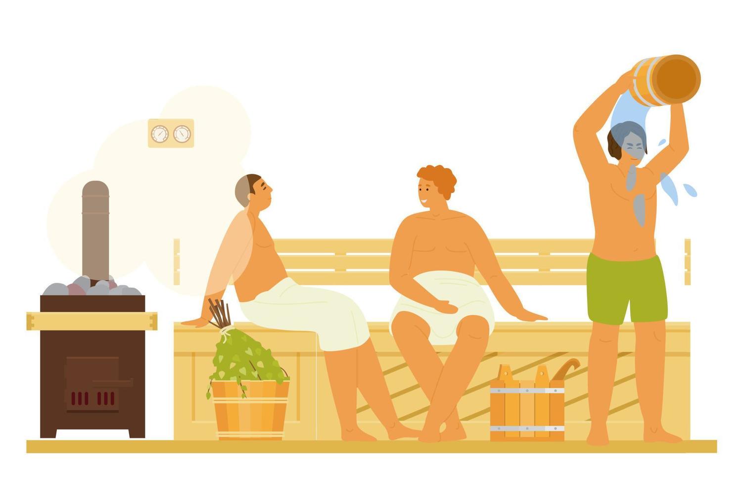 homens relaxando, tomando banho de vapor, encharcando com água na sauna ou banya. atividade saudável. ilustração plana. vetor